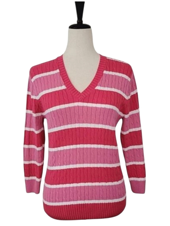 Jeanne Pierre Pink Striped V-neck Cable Knit 3/4 Sleeve Sweater Size M - Picture 2 of 8